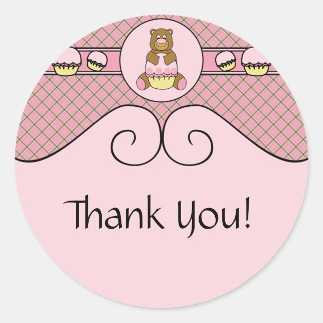 Sticker Rond Ours Avec Cupcake Rose Stick Cone Waffle (Devant)