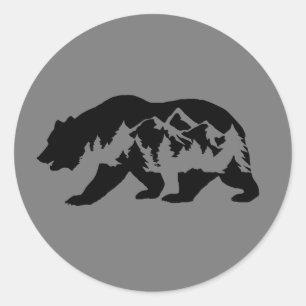 Sticker Rond Ours avec montagnes et arbres