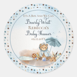 Sticker Rond Ours   Baby shower Bearly Wait Boy Parapluie bleu