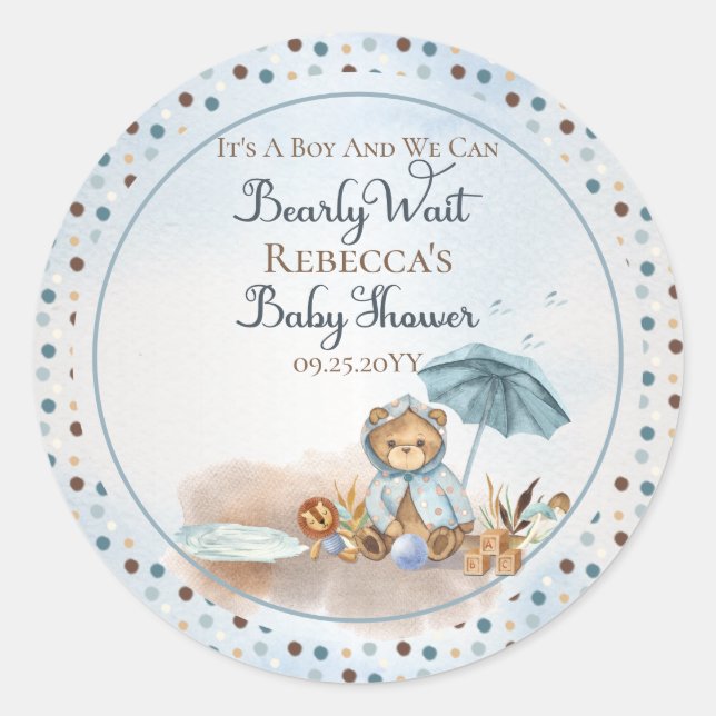 Sticker Rond Ours | Baby shower Bearly Wait Boy Parapluie bleu (Devant)