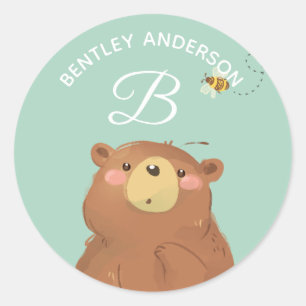 Sticker Rond Ours Bee ・ Alphabet Monogram Mignonne garderie sco