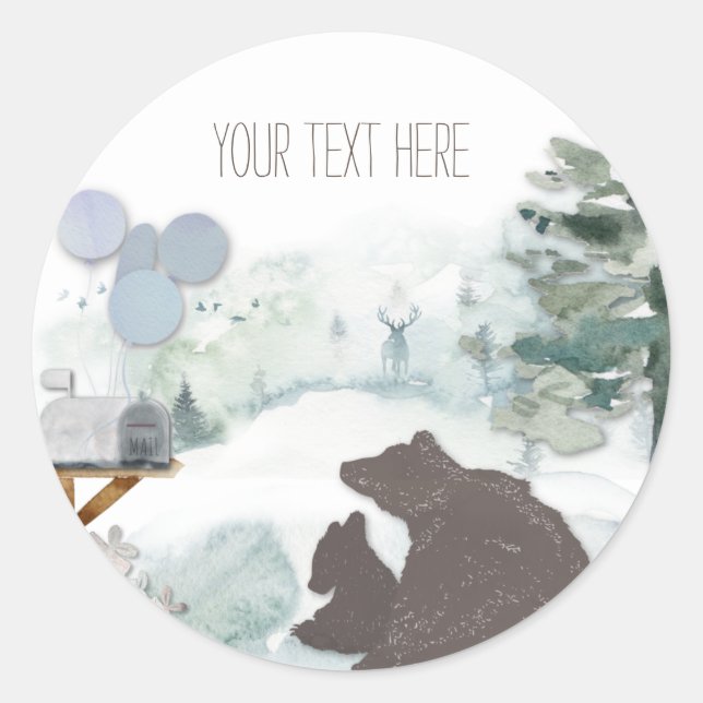 Sticker Rond Ours boisé forestier Anniversaire ou douche (Devant)