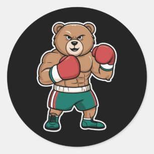 Sticker Rond Ours boxeur drôle et dur lutteur dessin animé