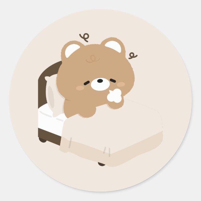 Sticker Rond Ours Brun Fatigué Mignon (Devant)