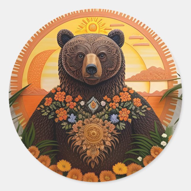 Sticker Rond 🐻 Ours Brun Fleur Nature Amoureux des Animaux (Devant)