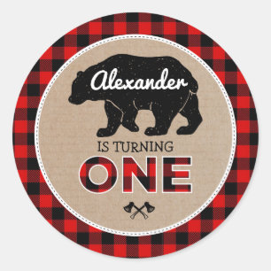 Sticker Rond Ours bûcheron Flanelle Wild One 1er anniversaire