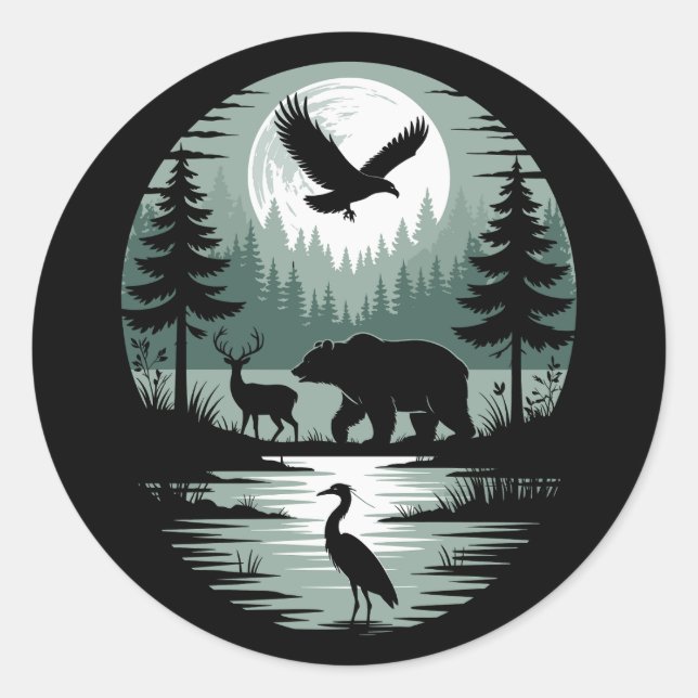 Sticker Rond Ours Cerf Aigle Lune Forêt Silhouette (Devant)