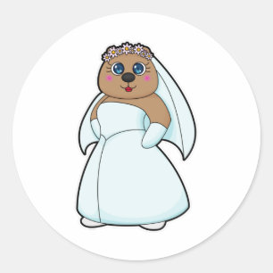 Sticker Rond Ours comme mariée avec couronne de fleurs