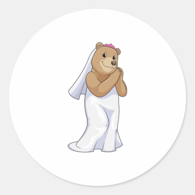 Sticker Rond Ours comme mariée avec voile (Devant)