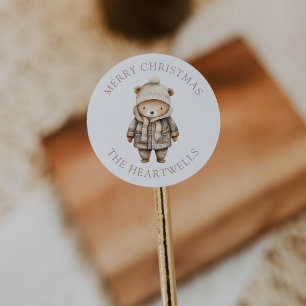 Sticker Rond Ours d'aquarelle mignonne Joyeux Noël personnalisé