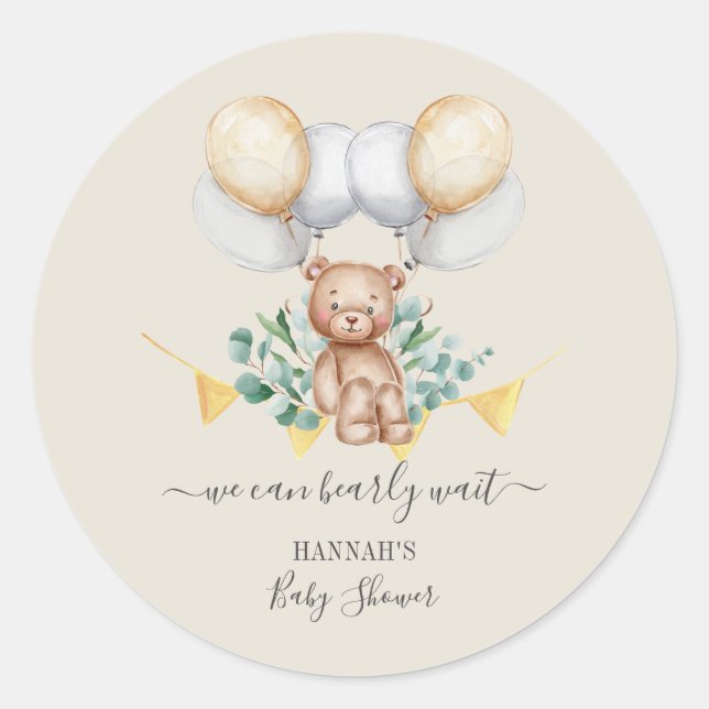 Sticker Rond Ours d'attente et ballons du Baby shower Eucalyptu (Devant)