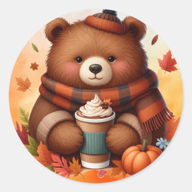 Sticker Rond Ours d'automne rustique/vintage (Devant)