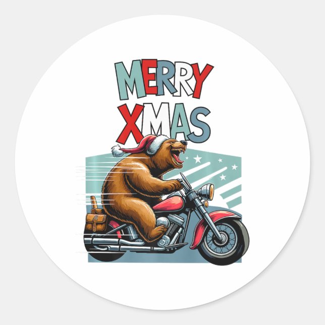 Sticker Rond Ours de Biker avec voeux de Noël Casquette Joyeux  (Devant)