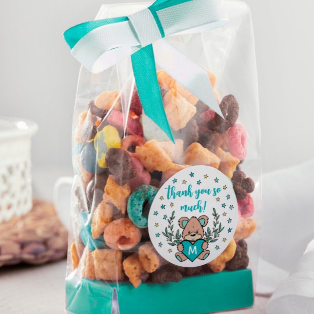 Sticker Rond Ours de coeur turquoise Thème Baby shower Merci (Créateur téléchargé)