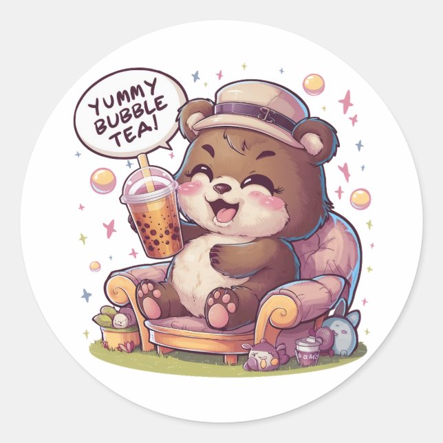 Sticker Rond Ours de dessin adorable : Cosy, Kawaii Vibes (Devant)