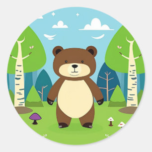 Sticker Rond Ours de dessin animé mignon dans une scène de forê