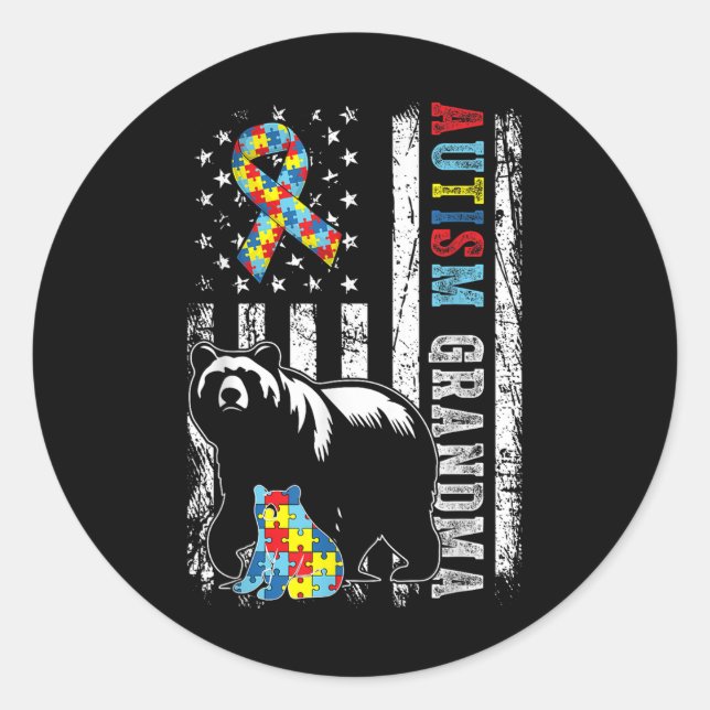 Sticker Rond Ours De Grand-Mère Autiste Avec Puzzles &amp; Drap (Devant)