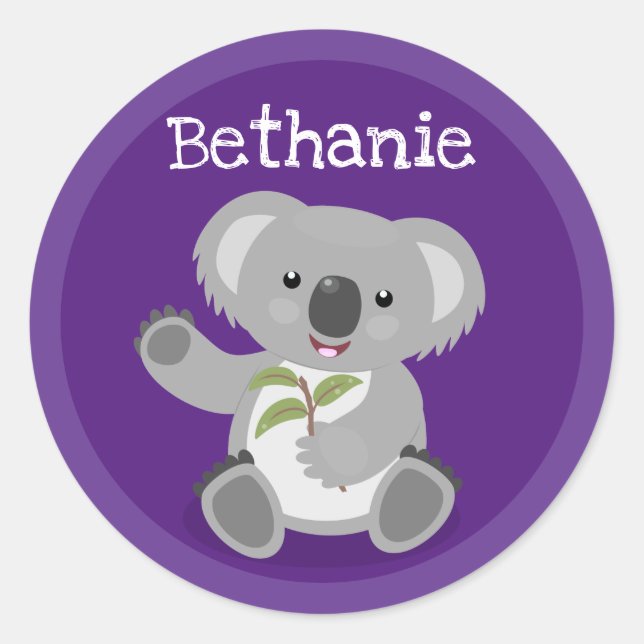 Sticker Rond Ours de koala mignon avec dessin animé feuille (Devant)