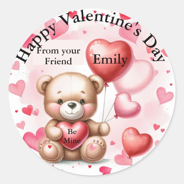 Sticker Rond Ours de la Saint-Valentin Cœurs Ajoutez votre nom  (Devant)