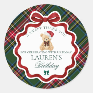 Sticker Rond Ours de Noël à carreaux tartan verts pour fête d'a