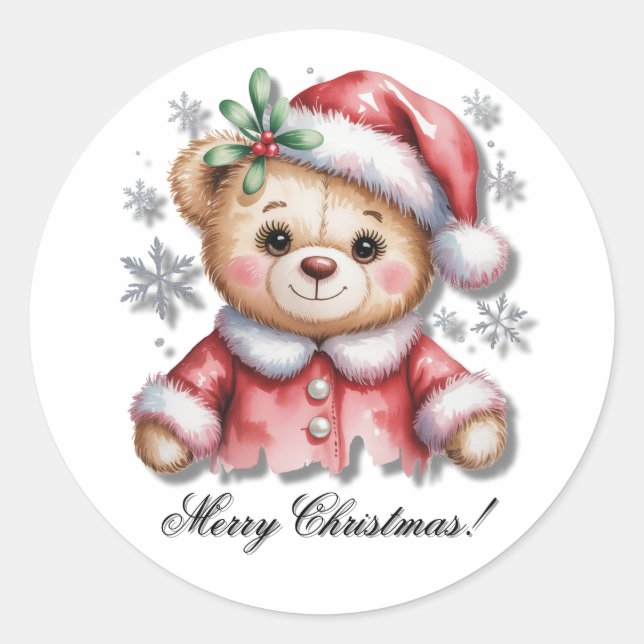 Sticker Rond Ours de Noël mignon et flocons de neige (Devant)