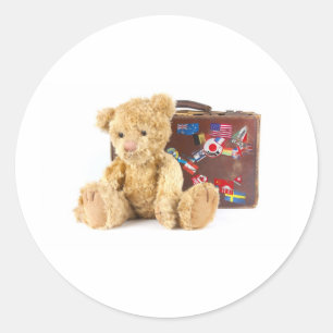 Sticker Rond ours de nounours et vieille valise vintage avec le
