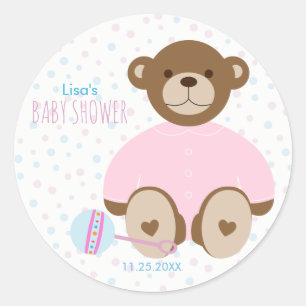 Sticker Rond Ours de nounours habillé dans l'autocollant rose