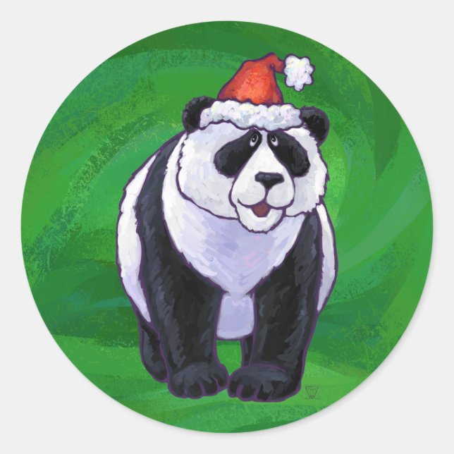 Sticker Rond Ours de panda à Santa Hat sur Vert (Devant)