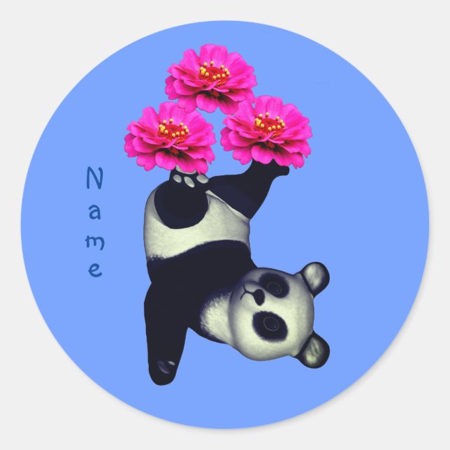 Sticker Rond Ours De Panda Et Fleur Zinnia Rose Personnalisé (Devant)