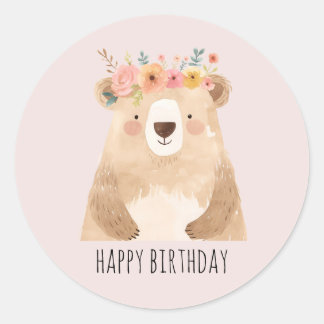 Sticker Rond Ours doux avec fleurs - HAPPY BIRTHDAY" - boho