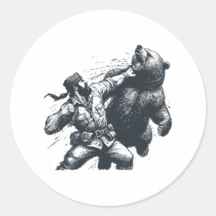 Sticker Rond Ours drôle d'homme frappant Ours Rétro Vintage Cha