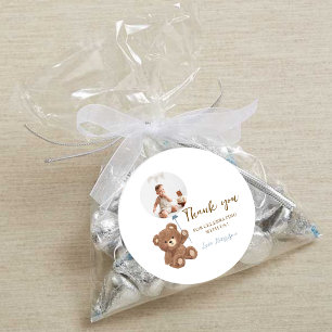 Sticker Rond Ours en bleu poussiéreux pour photo de premier ann