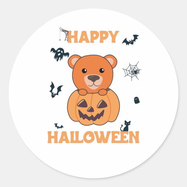 Sticker Rond Ours En Citrouille Doux Ours Joyeux Halloween (Devant)