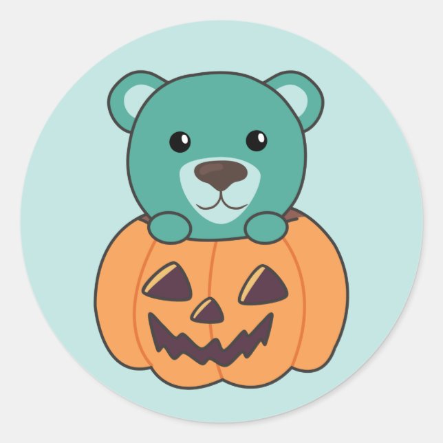 Sticker Rond Ours En Citrouille Doux Ours Joyeux Halloween Clas (Devant)
