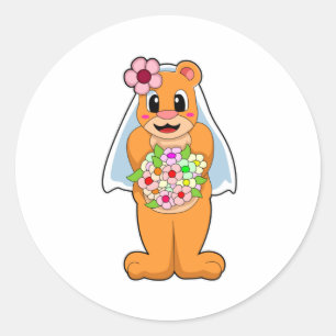Sticker Rond Ours en mariée avec des fleurs