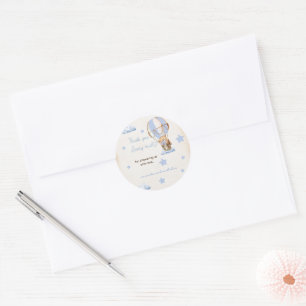 Sticker Rond Ours en montgolfière baby shower bleu