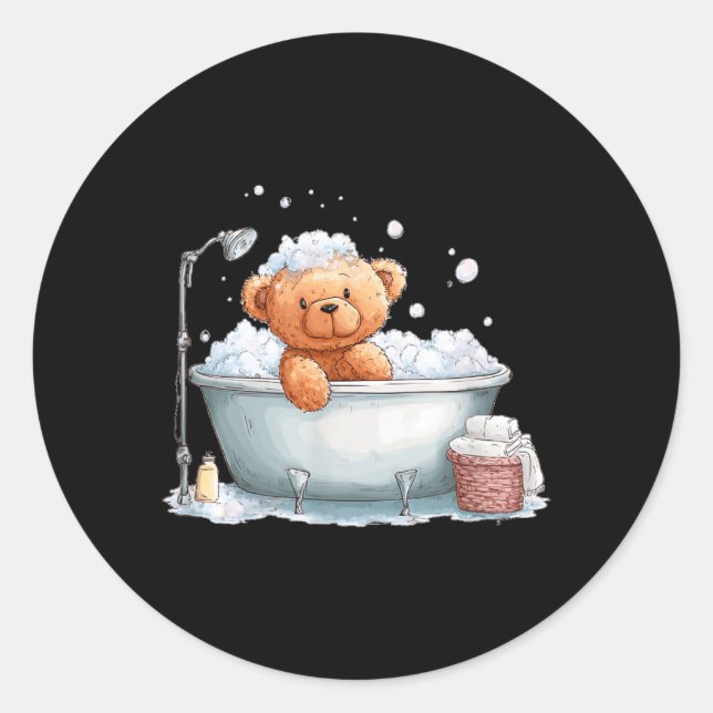 Sticker Rond Ours en mousse drôle en costume de baignoire (Devant)