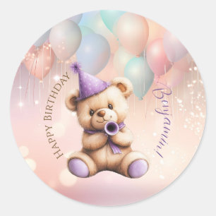 Sticker Rond Ours en peluche 1er anniversaire Ballons colorés