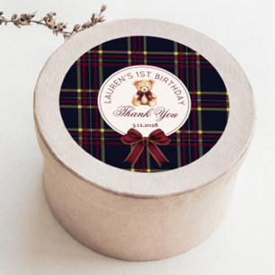 Sticker Rond Ours en peluche 1er anniversaire plaid vintage Ted