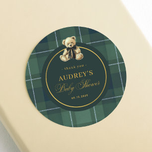Sticker Rond Ours en peluche à carreaux Tartan Baby Shower Merc