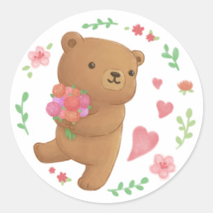 Sticker Rond Ours en peluche aux fleurs
