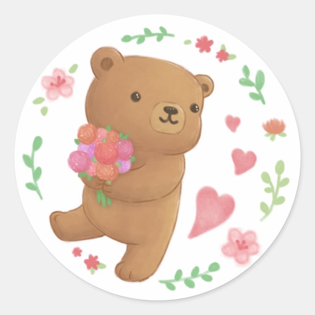 Sticker Rond Ours en peluche aux fleurs (Devant)