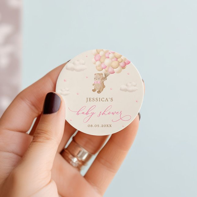 Sticker Rond Ours en peluche avec Baby shower à ballons roses (Créateur téléchargé)