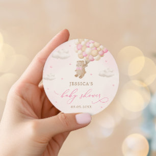 Sticker Rond Ours en peluche avec Baby shower à ballons roses