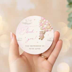 Sticker Rond Ours en peluche avec ballons roses Merci