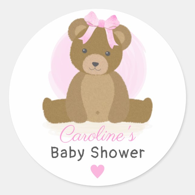 Sticker Rond Ours en peluche avec mignonne cabot rose bébé fill (Devant)