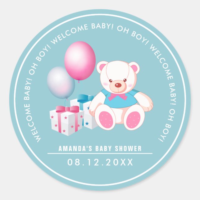 Sticker Rond Ours en peluche | Baby shower bébé garçon Favorise (Devant)