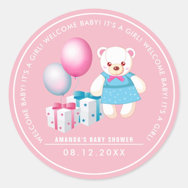 Sticker Rond Ours en peluche | Bébé Baby shower Fille Favoriser (Devant)