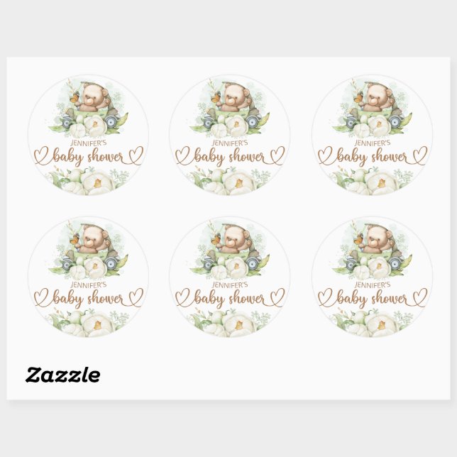 Sticker Rond Ours en peluche Bébé Ours Baby shower Floral (Feuille)