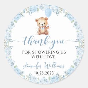 Sticker Rond Ours en peluche bleu ballon garçon Baby shower mer